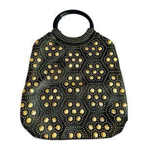 Vintage 1960s Beaded Handbag Black & Gold Handle Purse